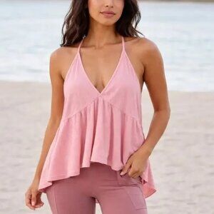 Halara Pink V Neck Ribbed Ruffle Peplum Top Girly Size XS NWT